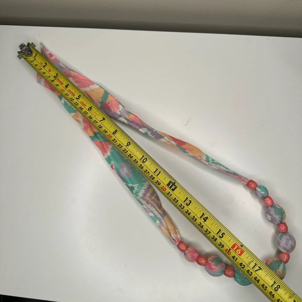 VTG 80s Fabric Wrapped Bead Necklace Multicolor Statement Adjustable Tie Jewelry - Picture 6 of 6